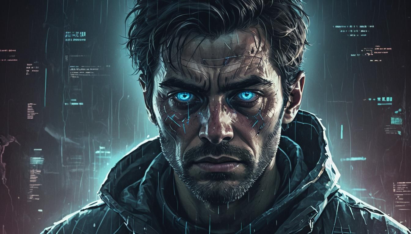 Sci-Fi Portrait: Fearful Gaze in a Glitching World