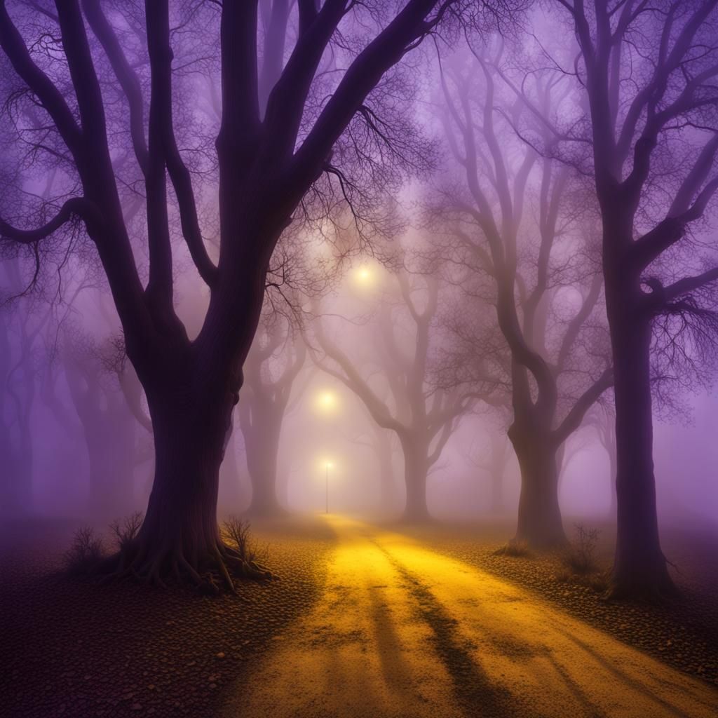 Eerie andscape, fog, yellow haze, harsh shadows, isolated pu...