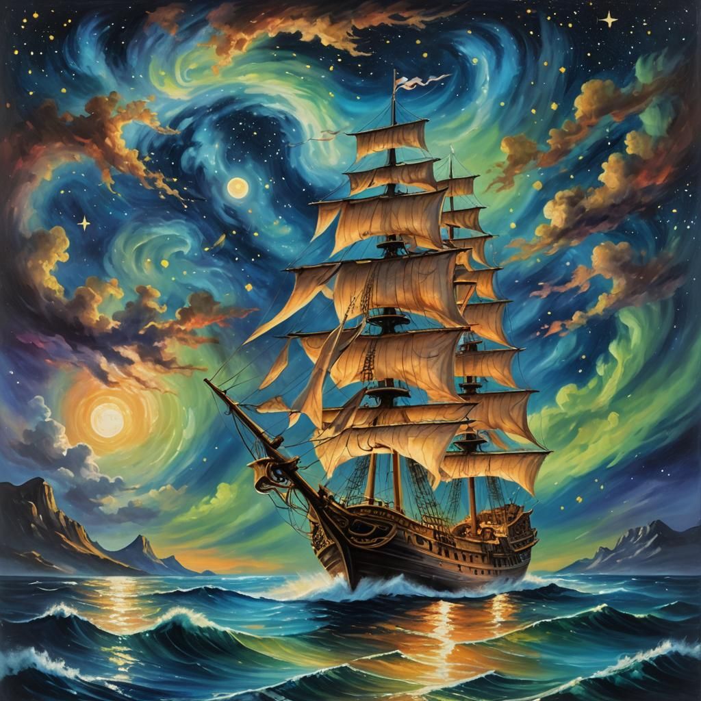 Pirate Ship on Starry Sea: Baroque Oil Painting