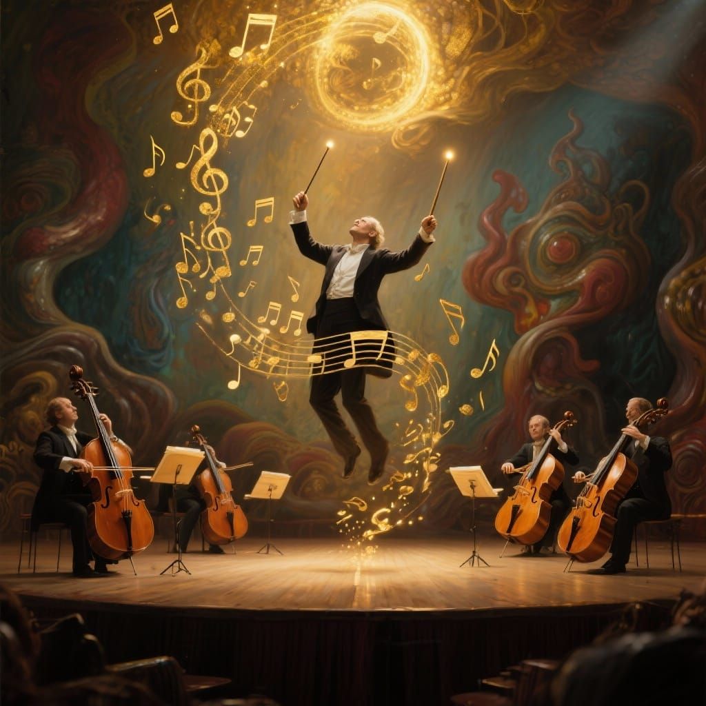 Surreal Concert Scene with Floating Baton and Musical Notes