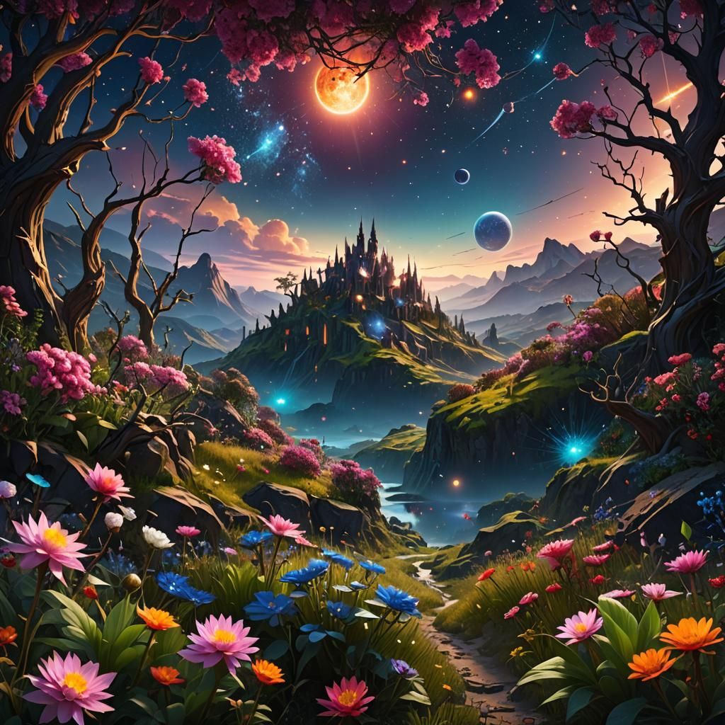 Ethereal Cosmic Landscape with Flowers and Celestial Spheres