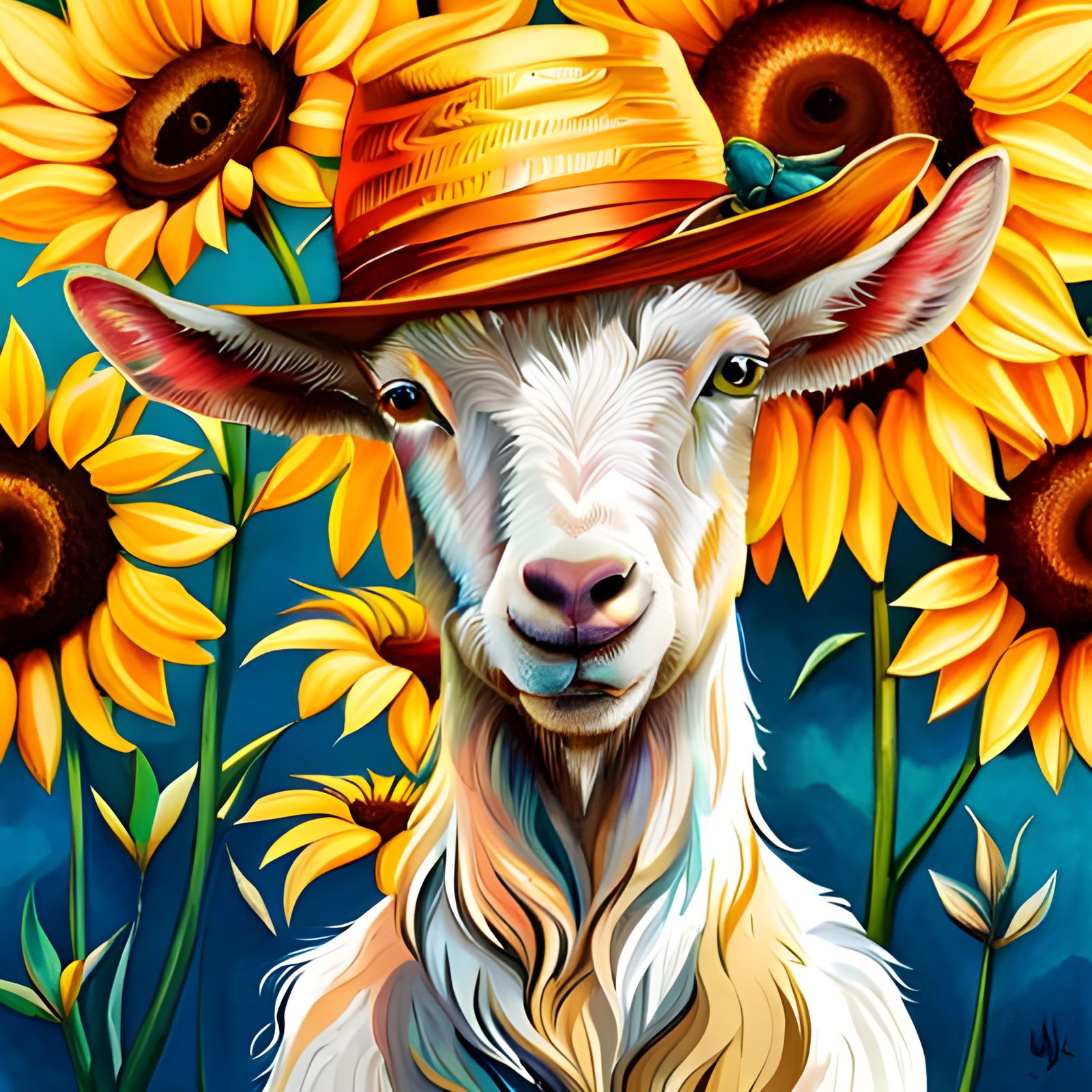 Whimsical Goat Portrait with Sunflower Background