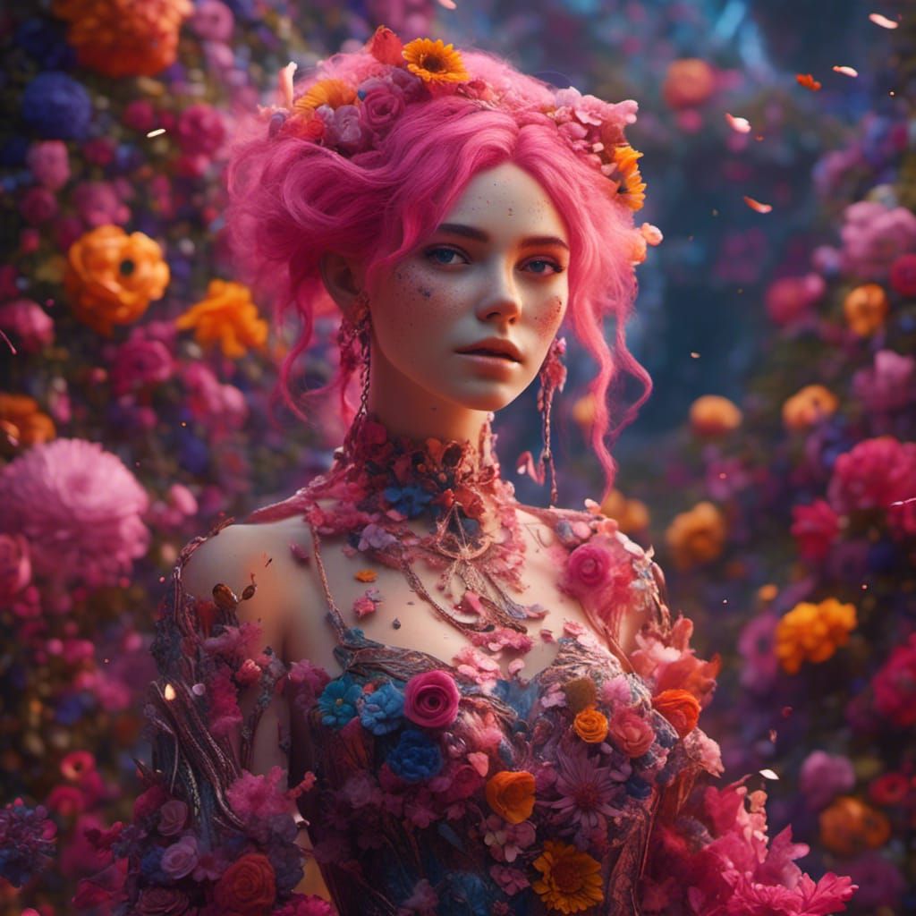 Pink-Haired Woman with Floral Makeup, Fantasy Art
