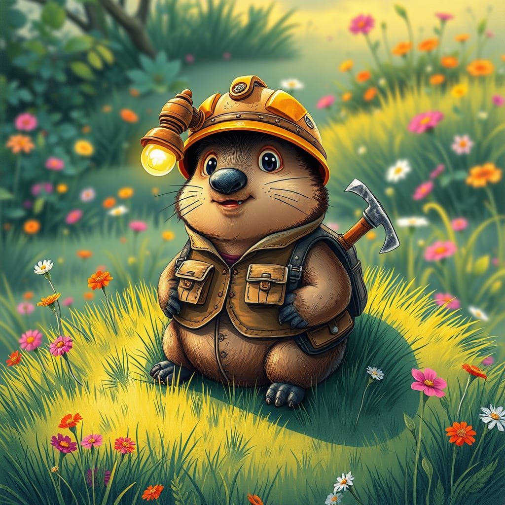 Whimsical Cartoon Mole Miner in Color Pencil Art
