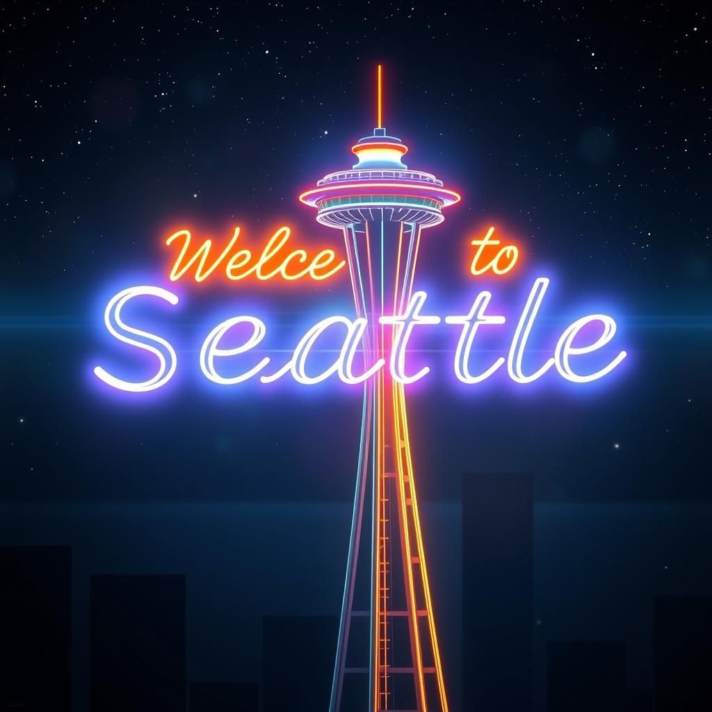 Seattle Space Needle Neon Sign in Pablo Amaringo Style