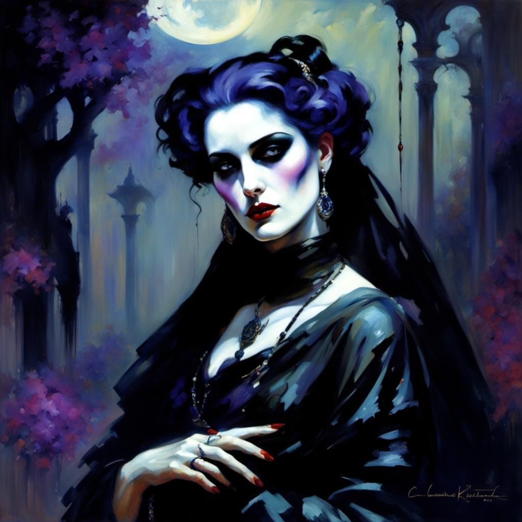 Gothic Art Nouveau Moonscape with Goth Woman
