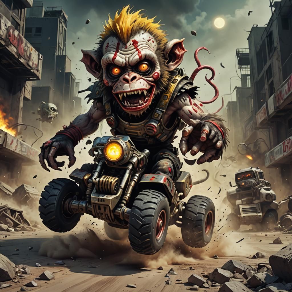 Cyberpunk Zombie Clown Tank Race Through Wasteland