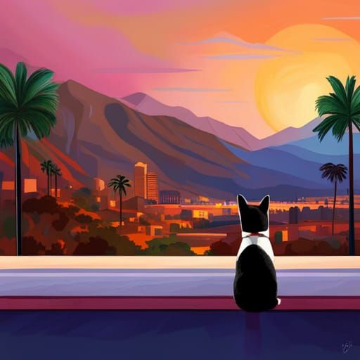 Tuxedo Cat Watches Los Angeles Sunset