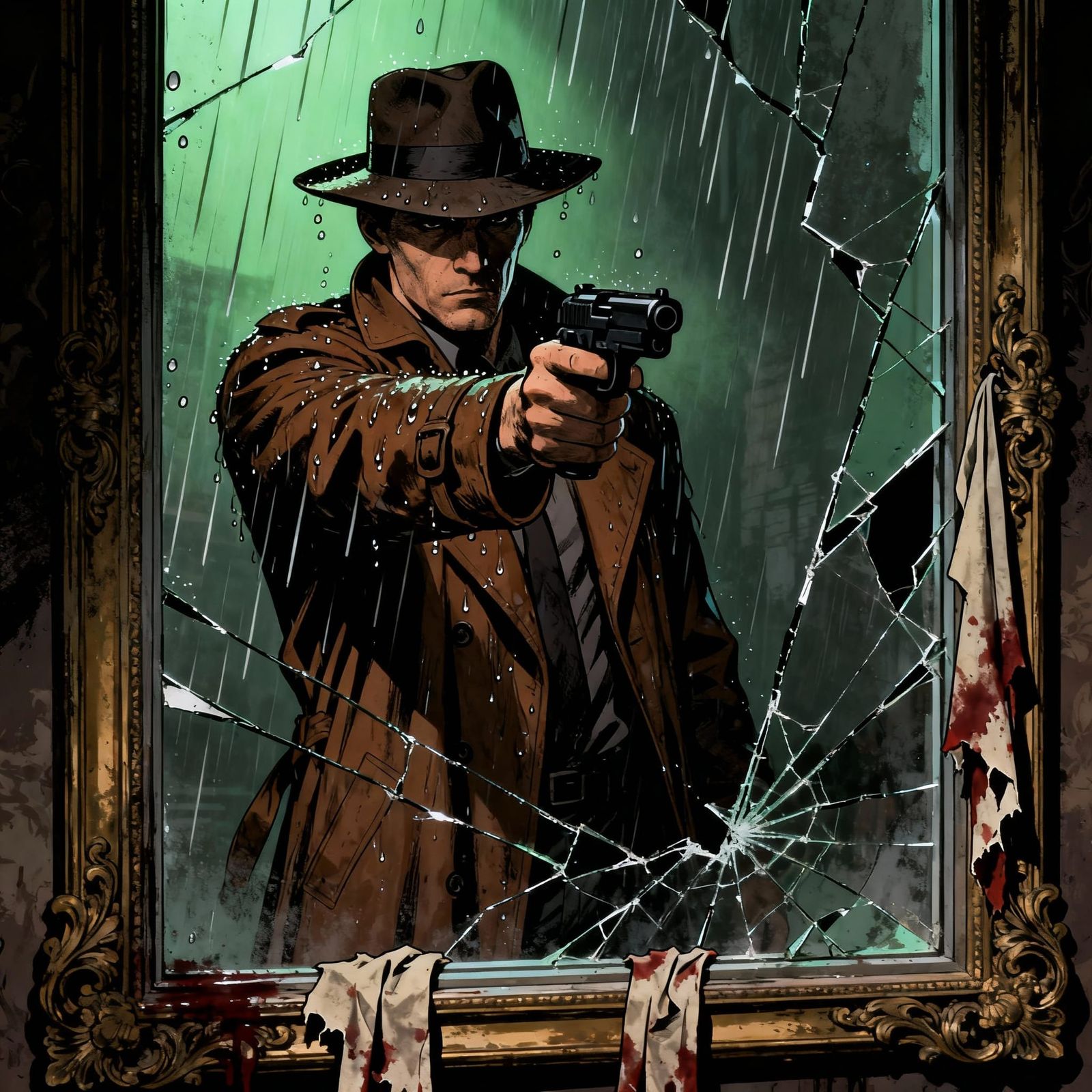 Noir Detective Confrontation in Pouring Rain