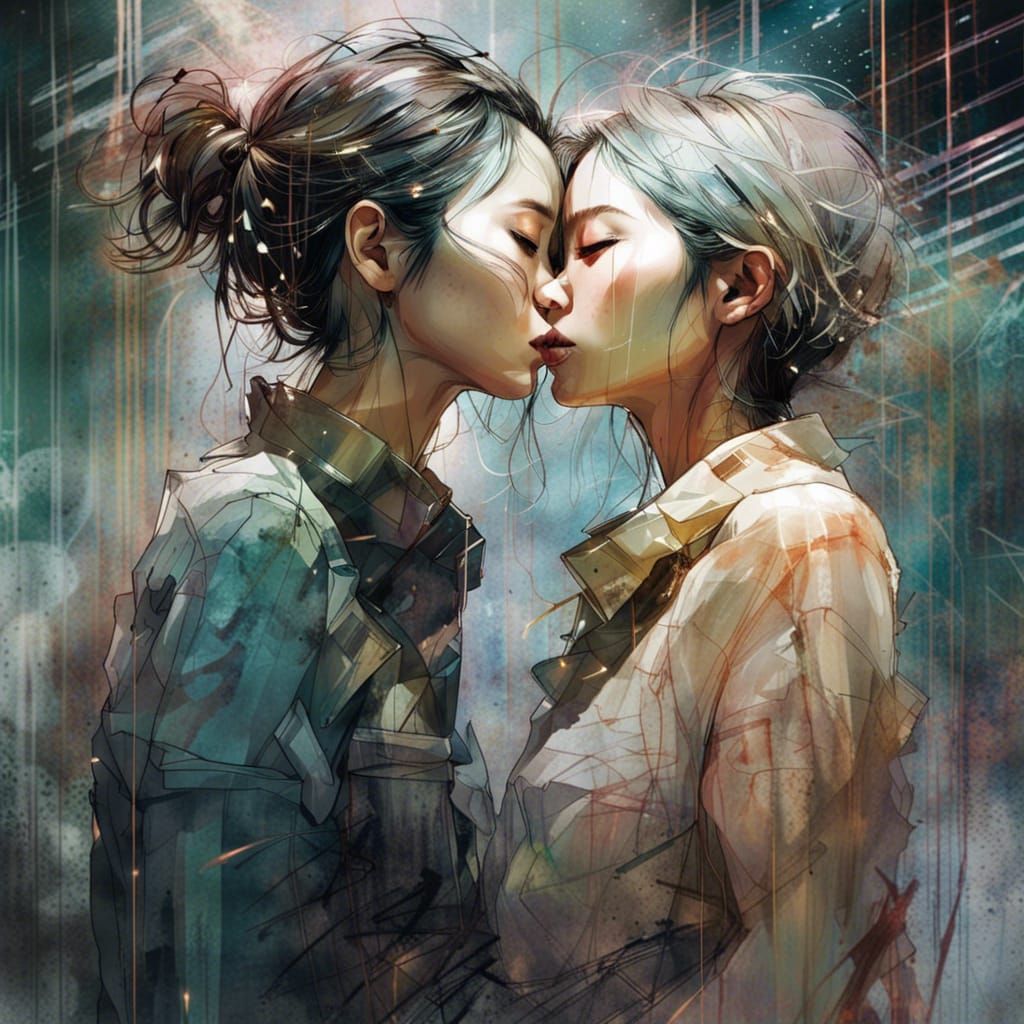 Dynamic Lesbian Kiss in Chic Contemporary Style