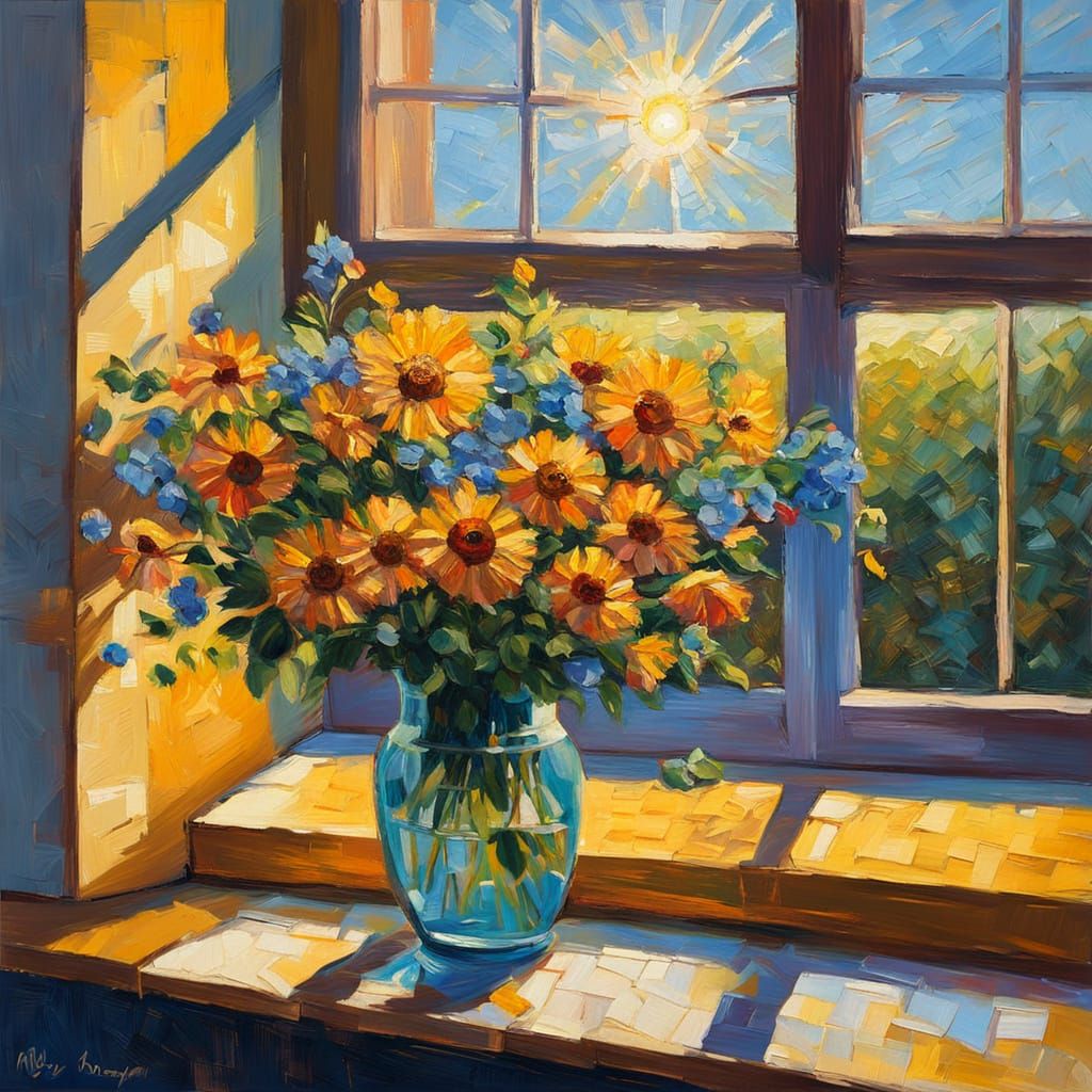 Golden Light Fills a Home Window in Neo-Impressionist Style