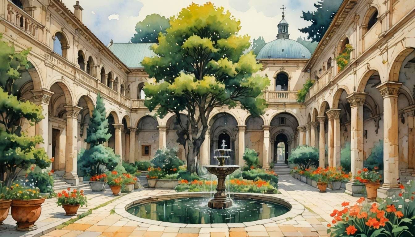 Monastery Courtyard: Monochromatic Watercolor in Moebius Sty...