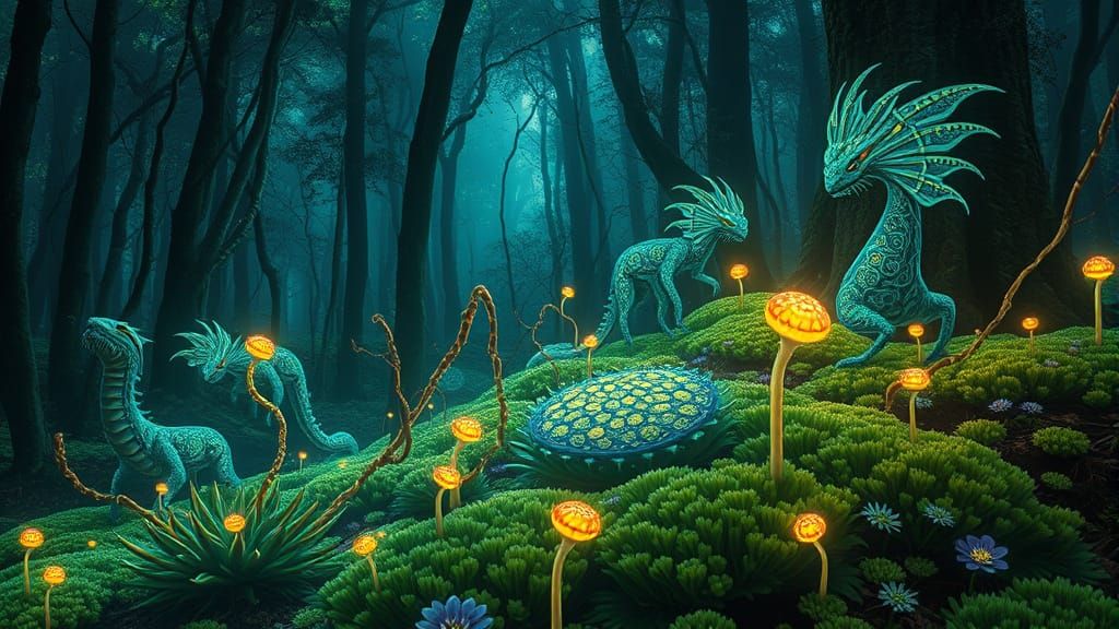 Bioluminescent Forest with Mythical Creatures in Bio-Art Sty...
