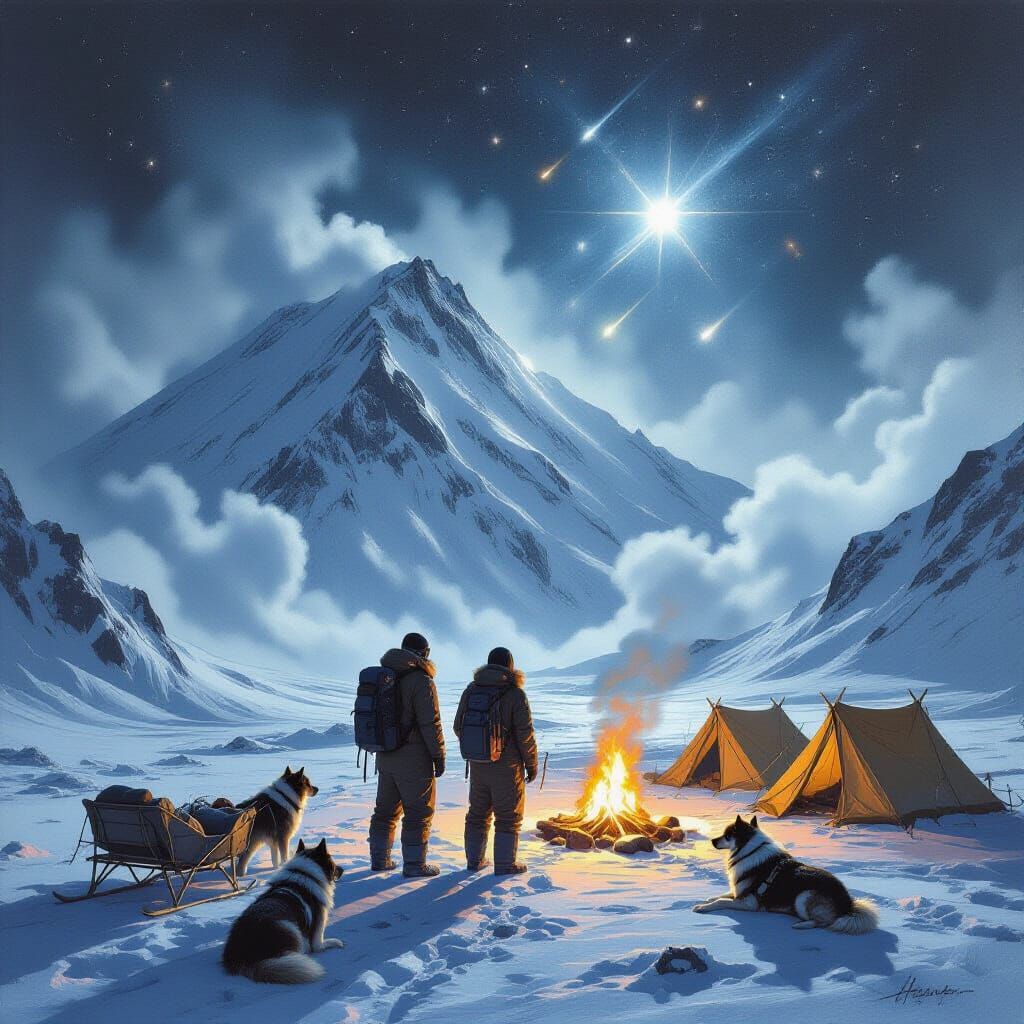 Graphite Drawing of Scientists Discovering Meteorite on Volc...