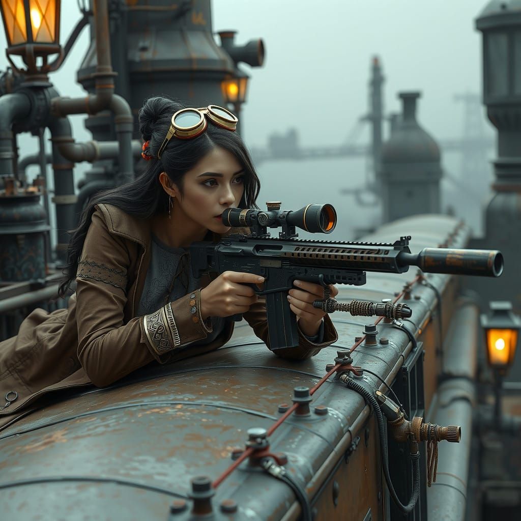 Steampunk Sniperess Amidst Industrial Wonders