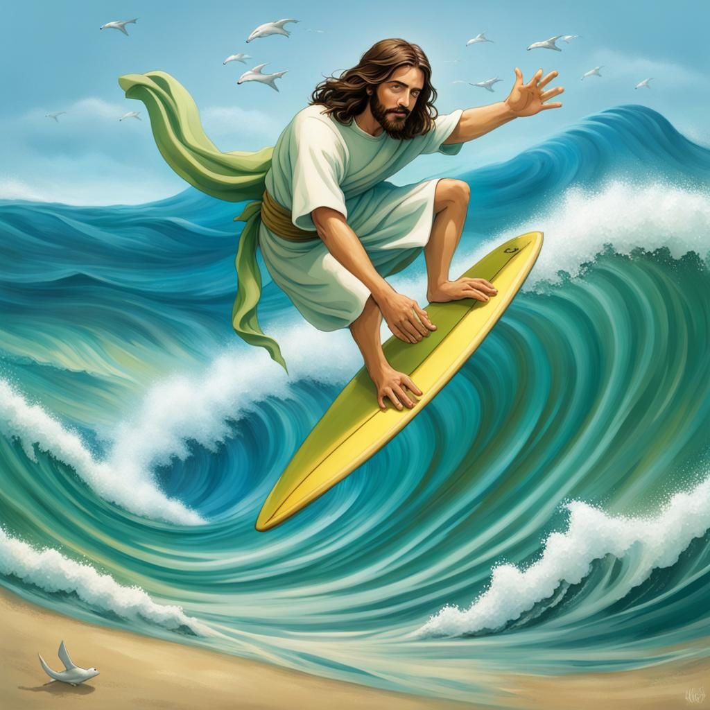 Jesus Surfing a Wave with Dolphins