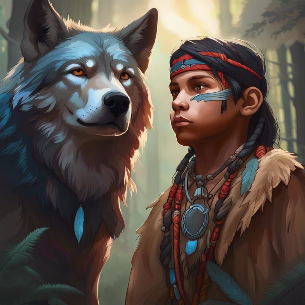 Native American Boy And A. Wolf