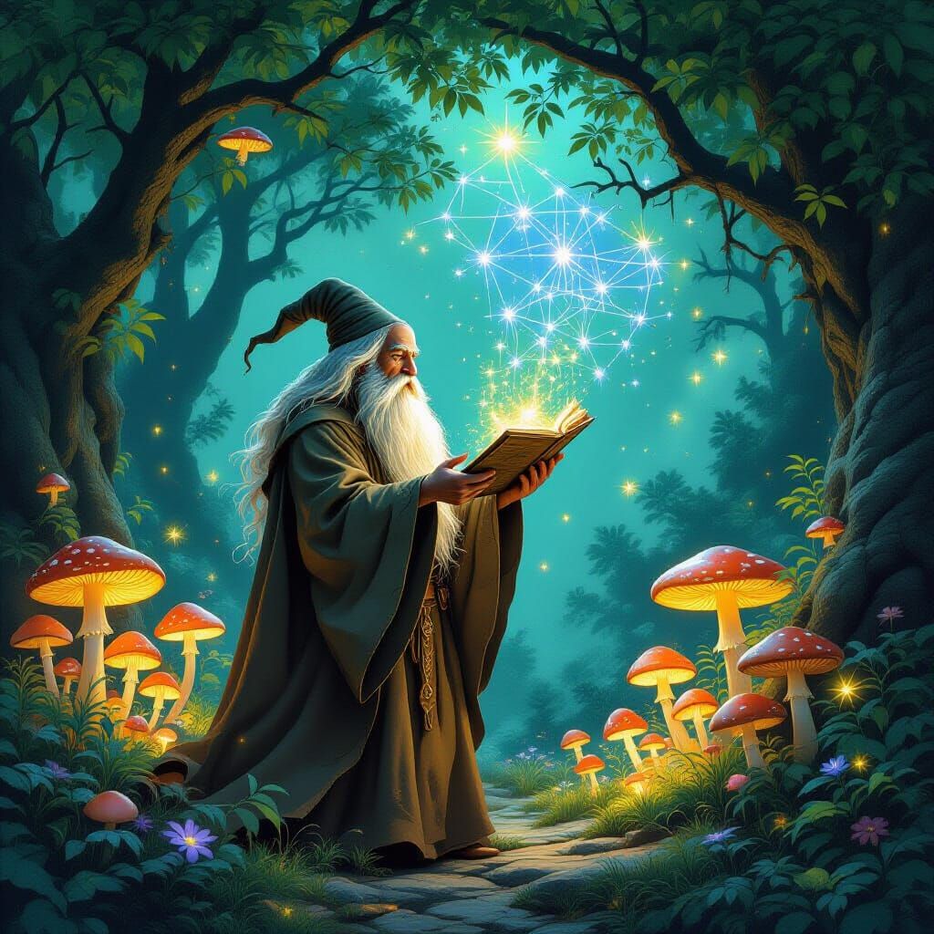 Enchanting Wizard Studying Constellations in Fantasy Grove