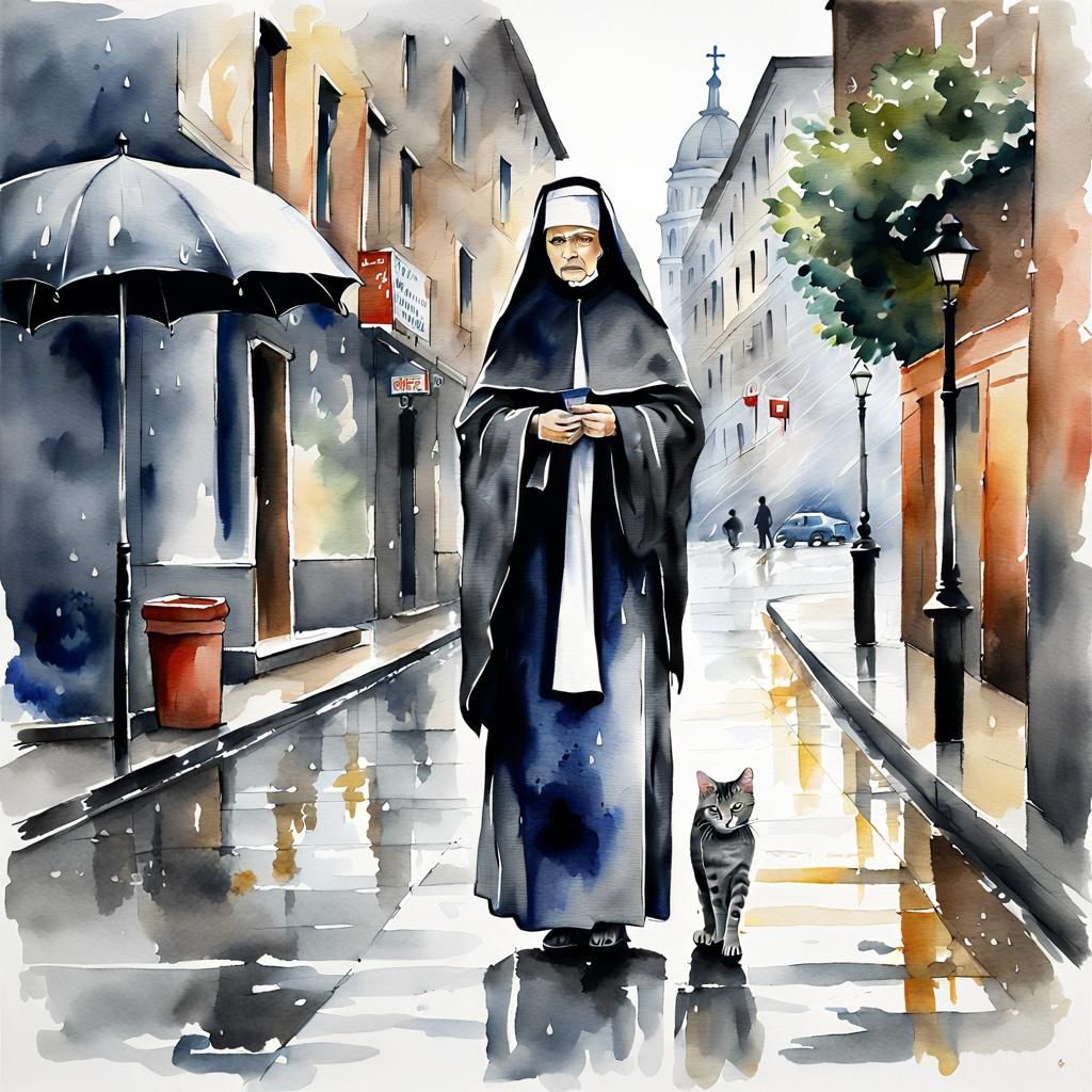 Nun Sheltering Cat in Rainy Street: Watercolor Painting
