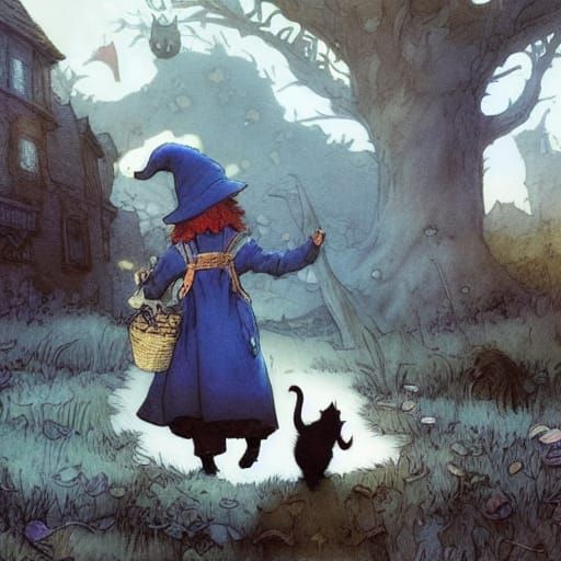 Cat Witch and Kitten Adventure Illustration