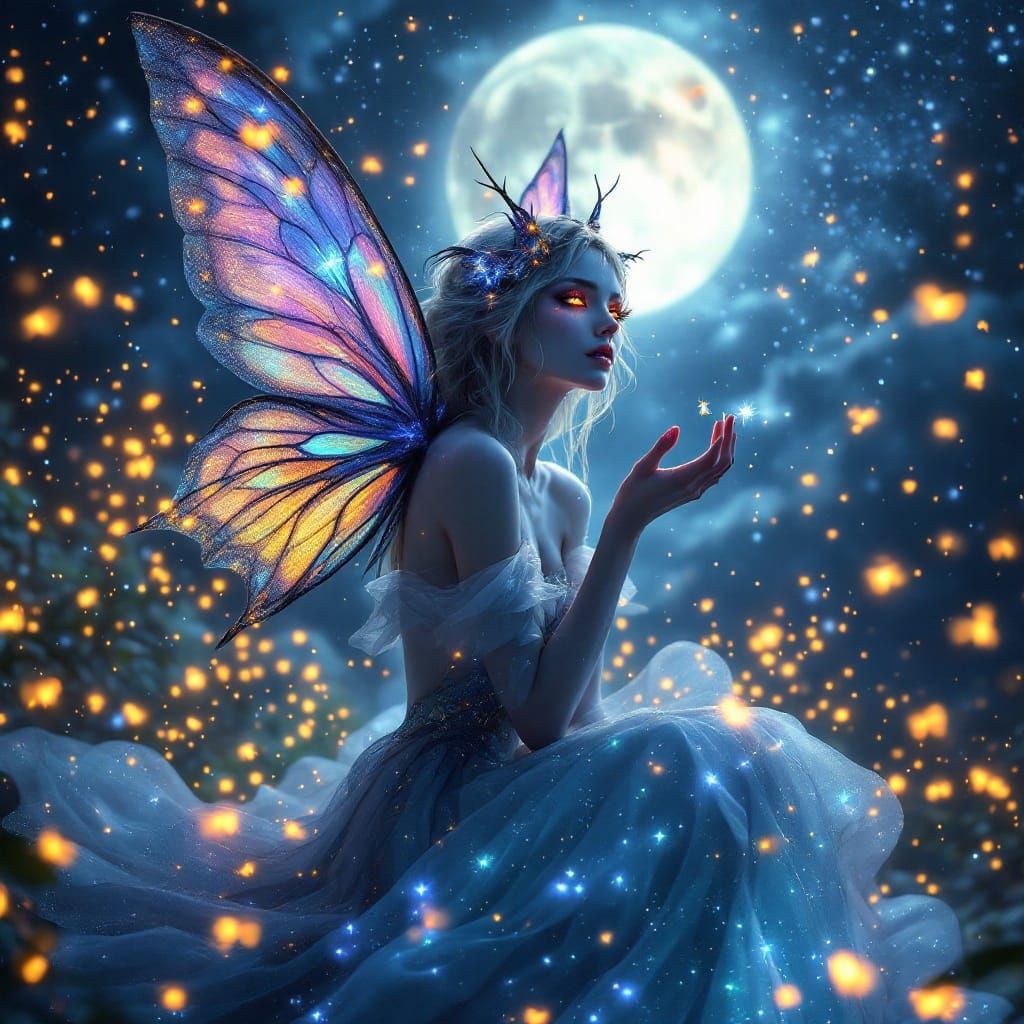 Moth-Eyed Fairy in Starry Night Sky with Full Moon