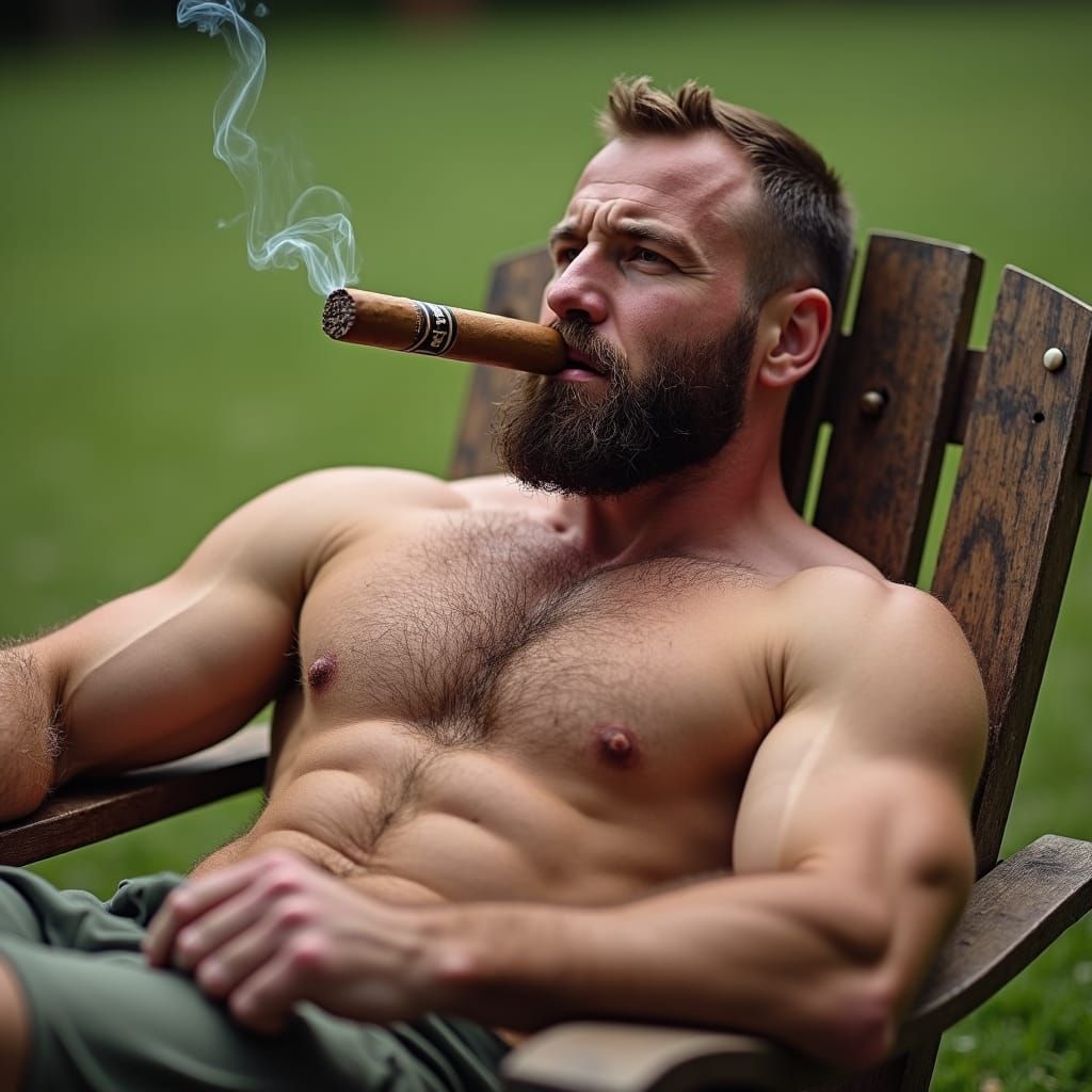 Bodybuilder Relaxing with Cigar