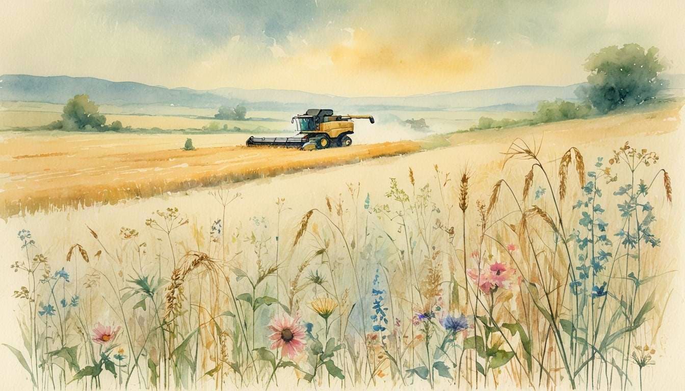 Agricultural Fields with Combine Harvester in Watercolor