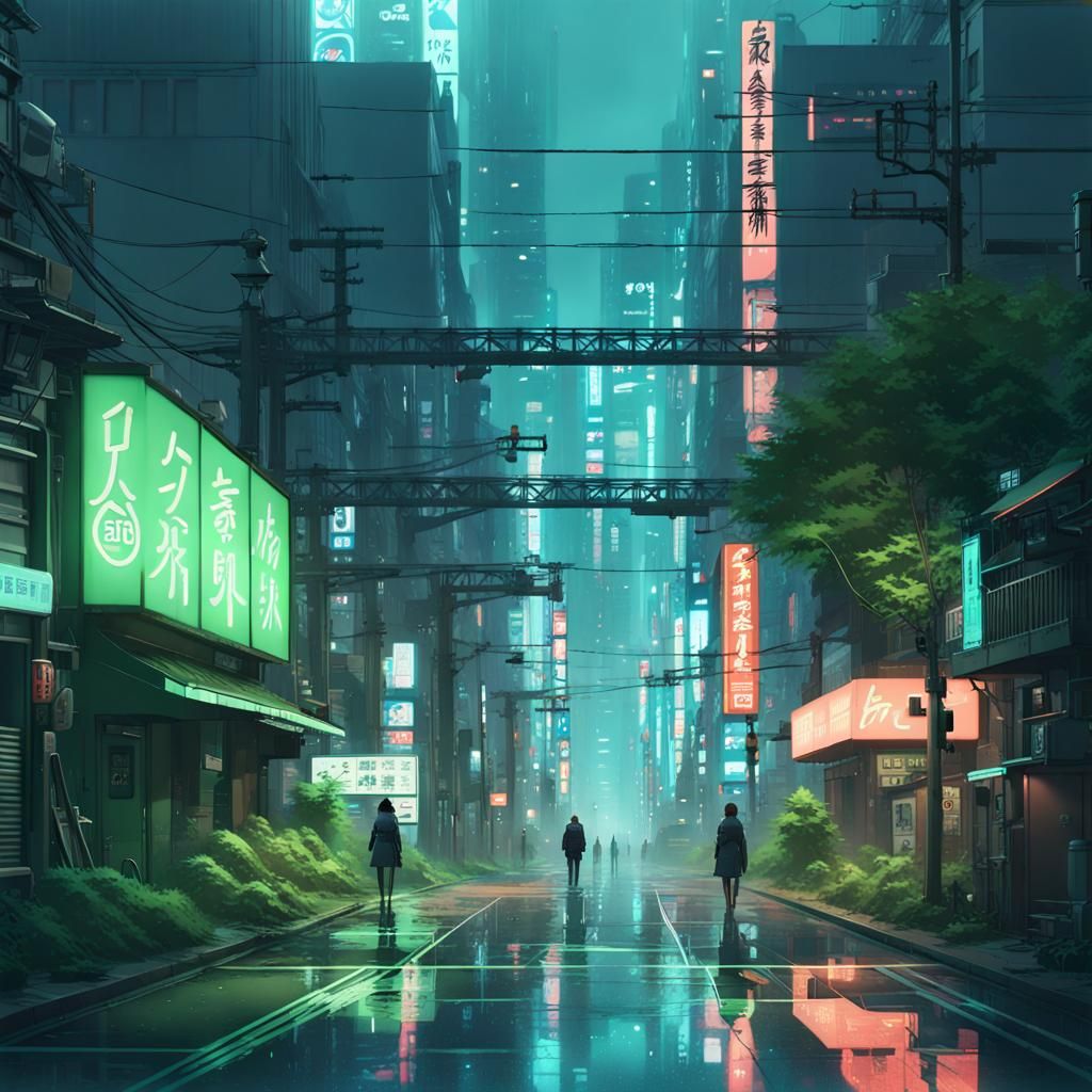 Biopunk Tokyo Streetscape in Analogous Colors