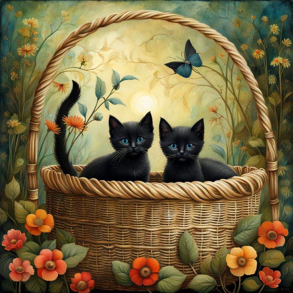 Black Kittens in Basket, Art Brut Illustration