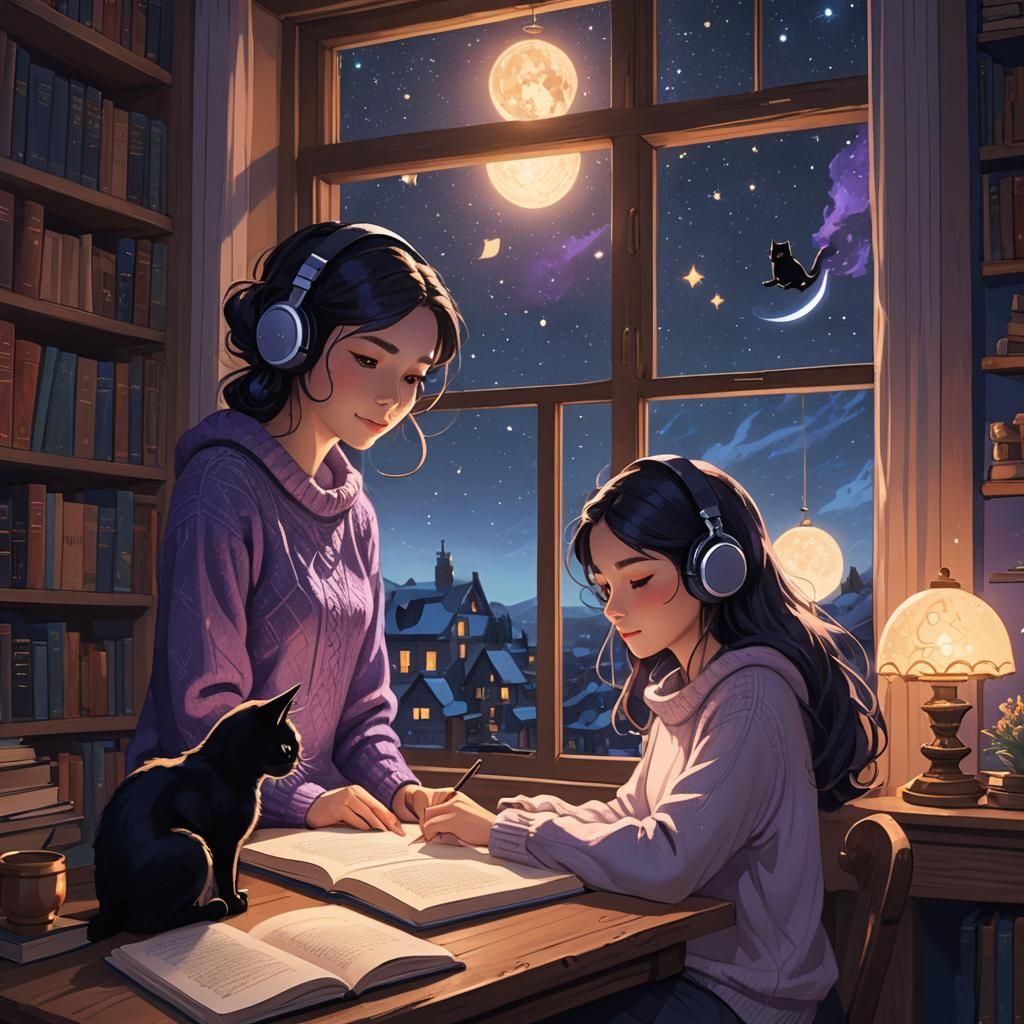 Lofi Girl Studying Under Night Sky, Fantasy Art