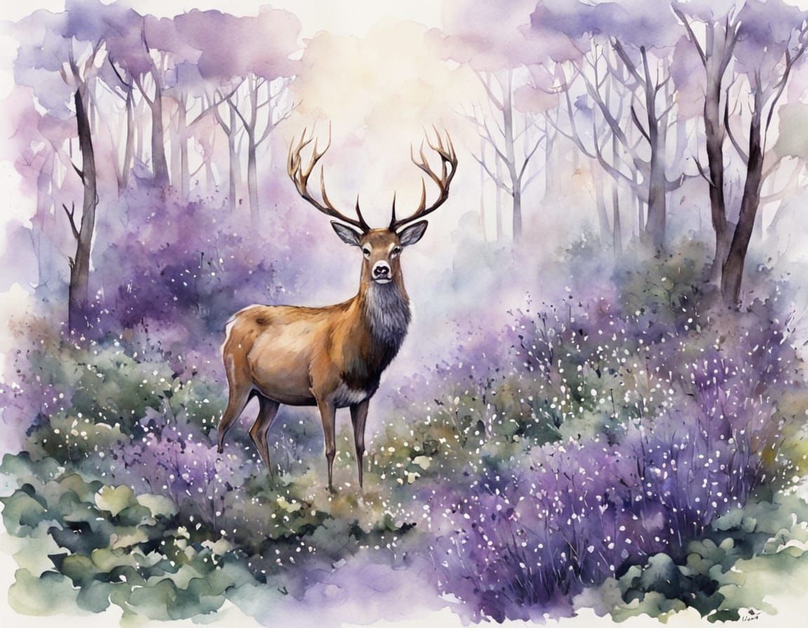 Whimsical Watercolor King Deer in a Lavender Fog Forest