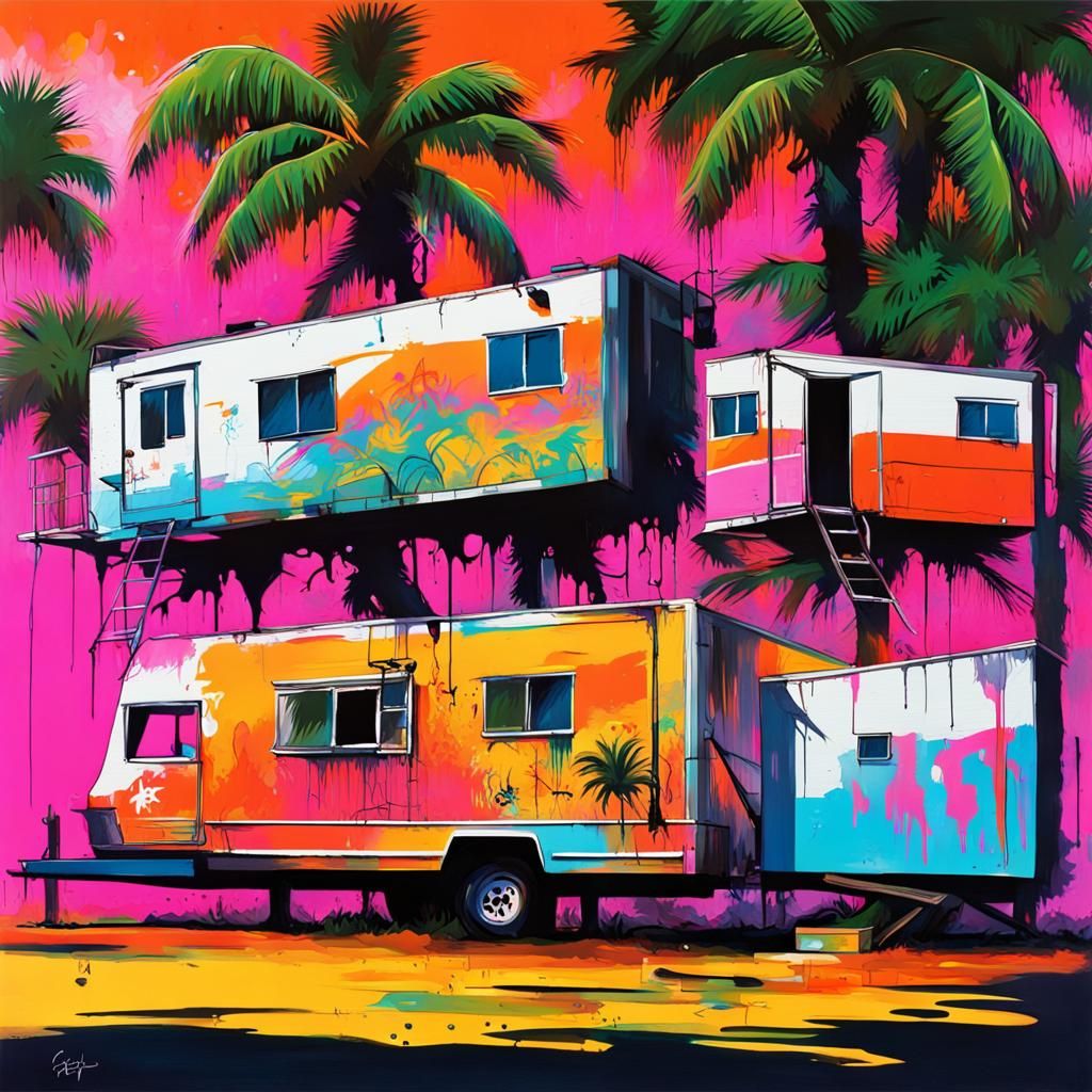 Florida Trailer Park Crane Silhouettes in Graffiti Art