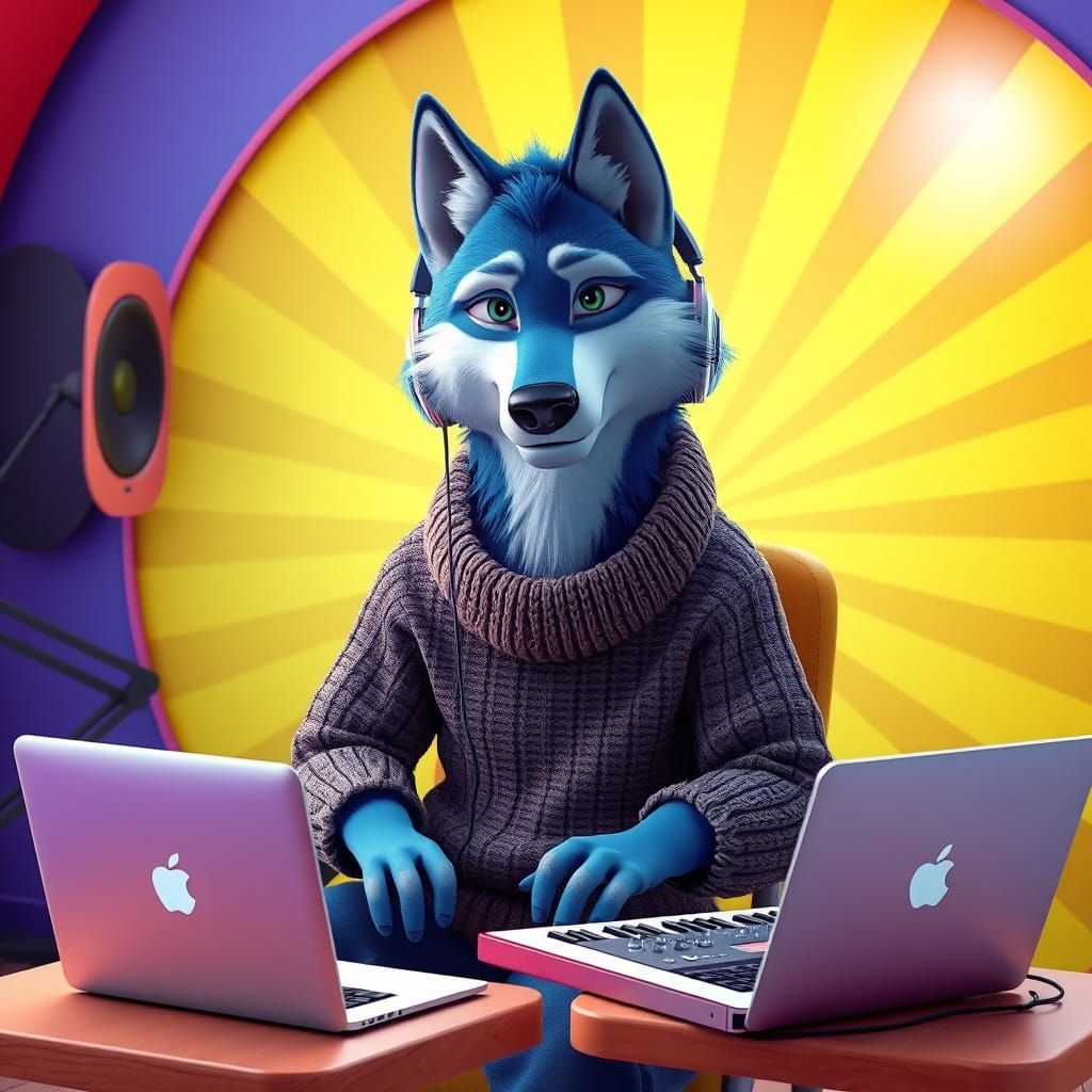 Wolf in Music Studio: Pixar-Style 3D Art