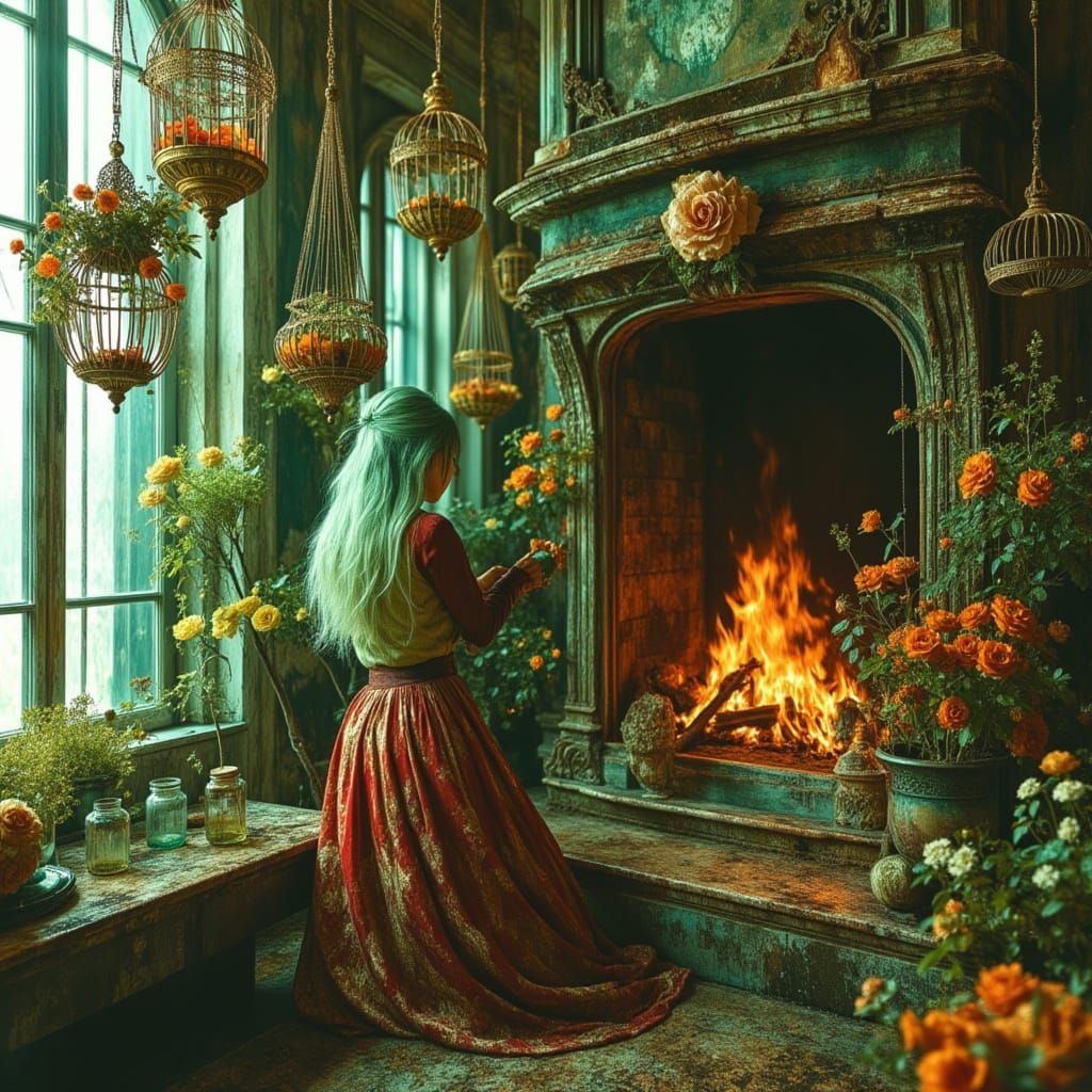 Whimsical Witch in Floral Dreamscape Cottage