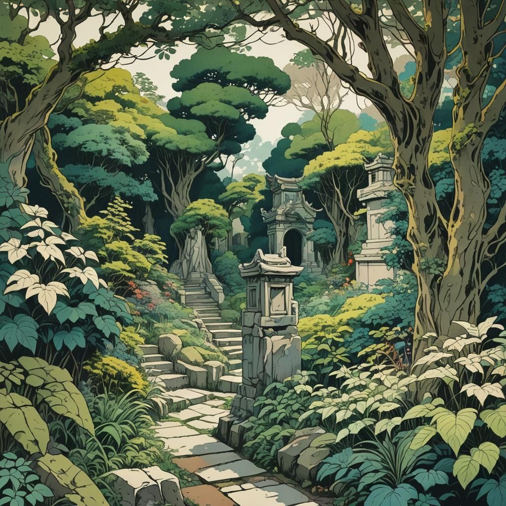 Dilapidated Garden Sketch with Crumbling Statues