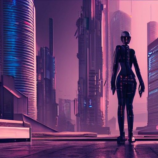Cyberpunk City: Techwear Girl with Katana in 4K