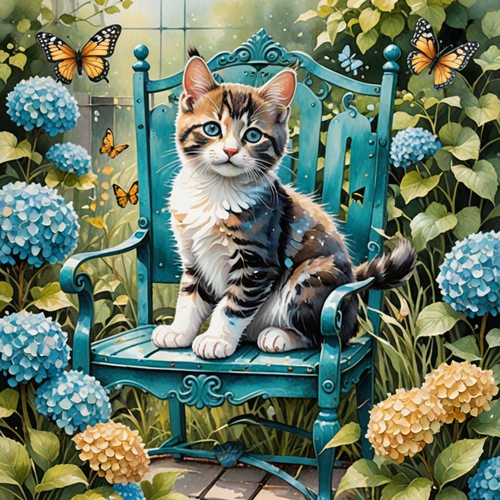 Kitten in Whimsical Watercolor Garden Scene