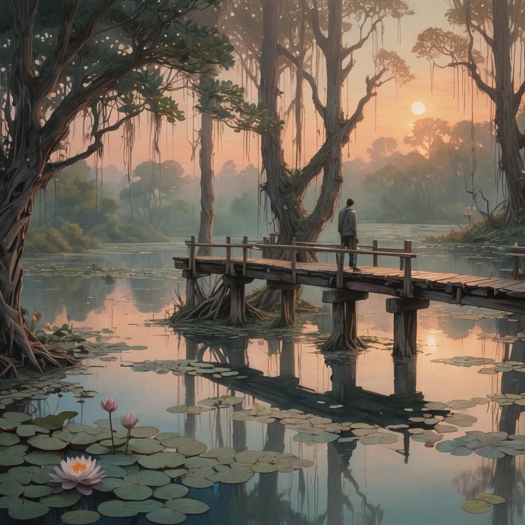 Misty Lake Sunset: Figure on Wooden Bridge