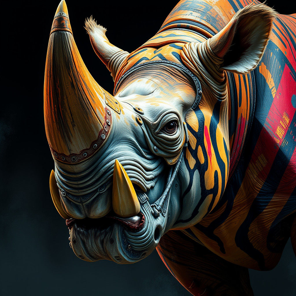 Majestic Rhino Fusion: Lion Teeth and Tiger Stripes