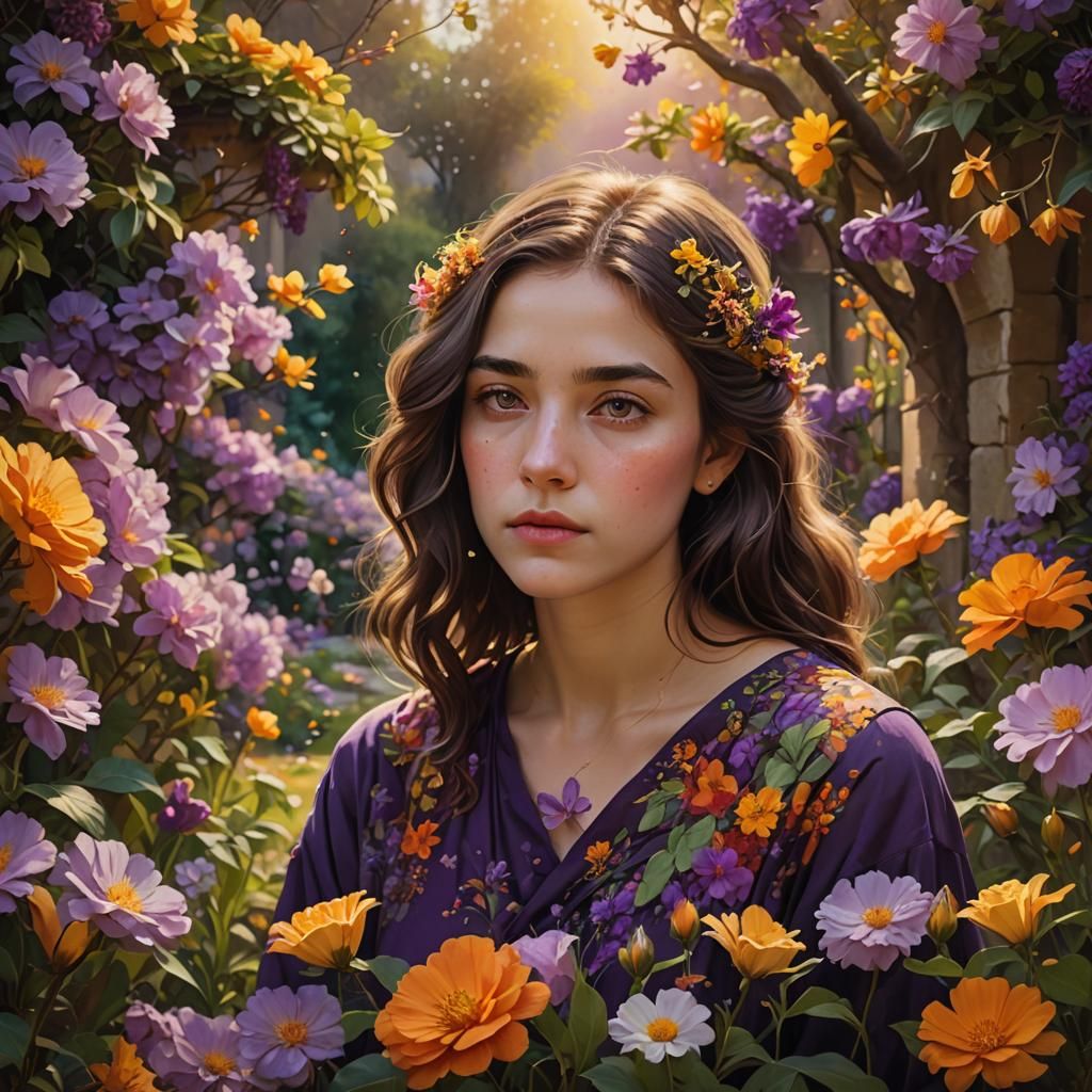 Dreamy Girl Portrait in Blooming Garden, Digital Art