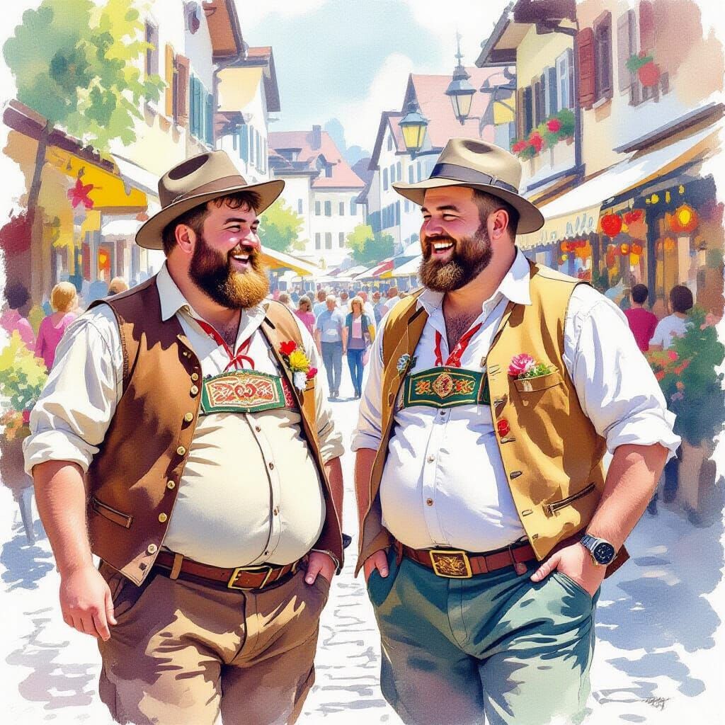 Two Bavarian Men in Watercolor Folk Art