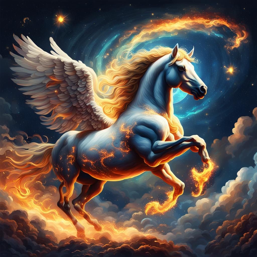 Pegasus Myth Illustration with Starry Sky Background