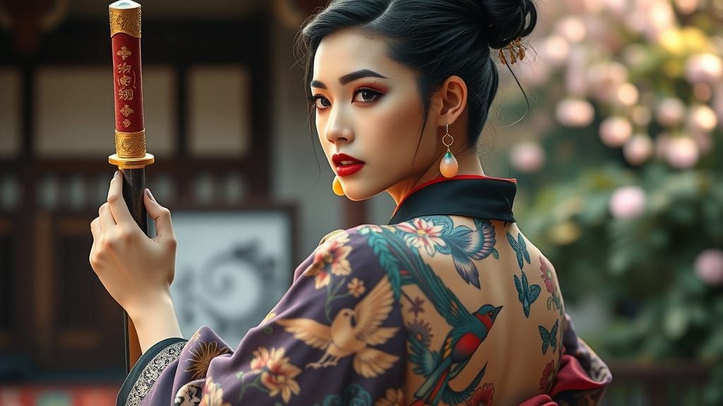 Elegant Asian Woman in Traditional Japanese Attire with Kata...