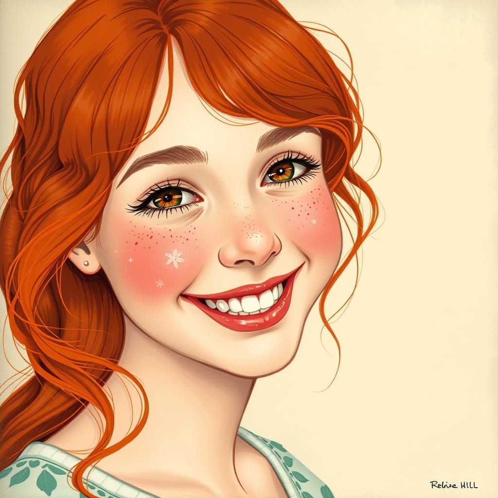 Auburn-haired Girl Smiling, Art Nouveau Style