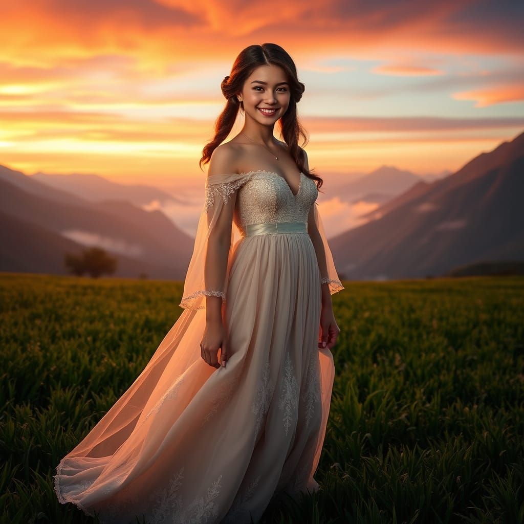 Enchanting Young Woman in Sunset Landscape