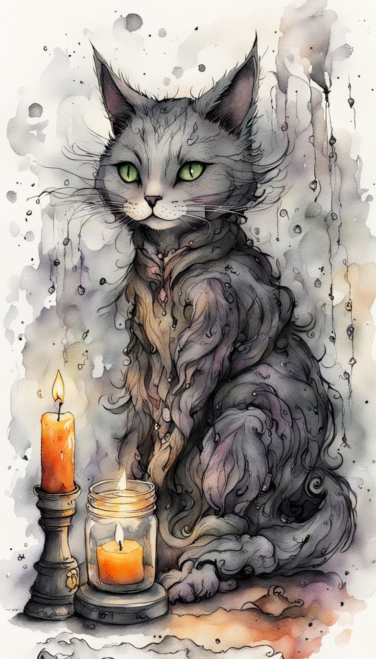 Witchy Cat in Charcoal and Watercolor