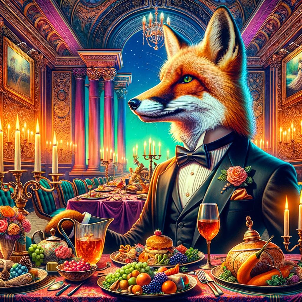 Anthropomorphic Fox in Tuxedo at Fantasy Dinner Party