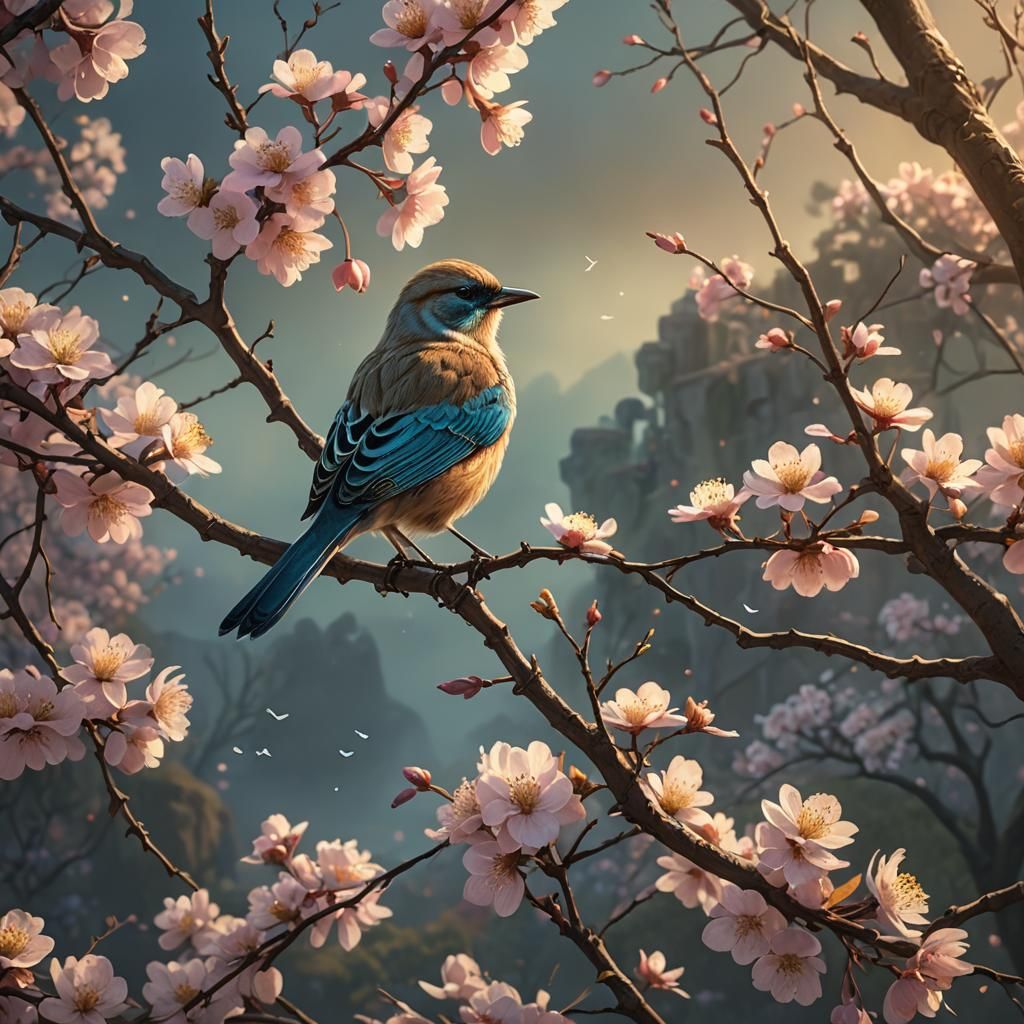 Bird on Blossom Branch: Fantasy Art in Olsen Style