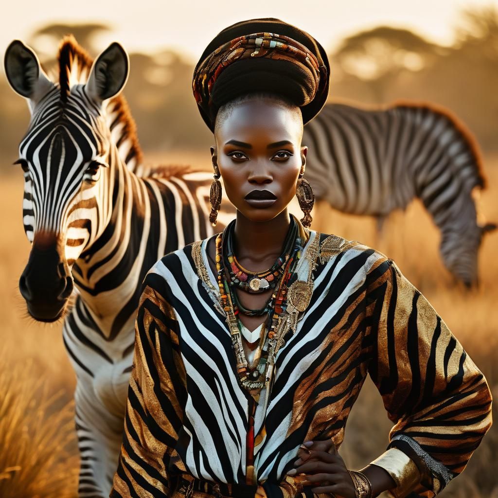 African Runway Model with Zebra: High-Fashion Portrait