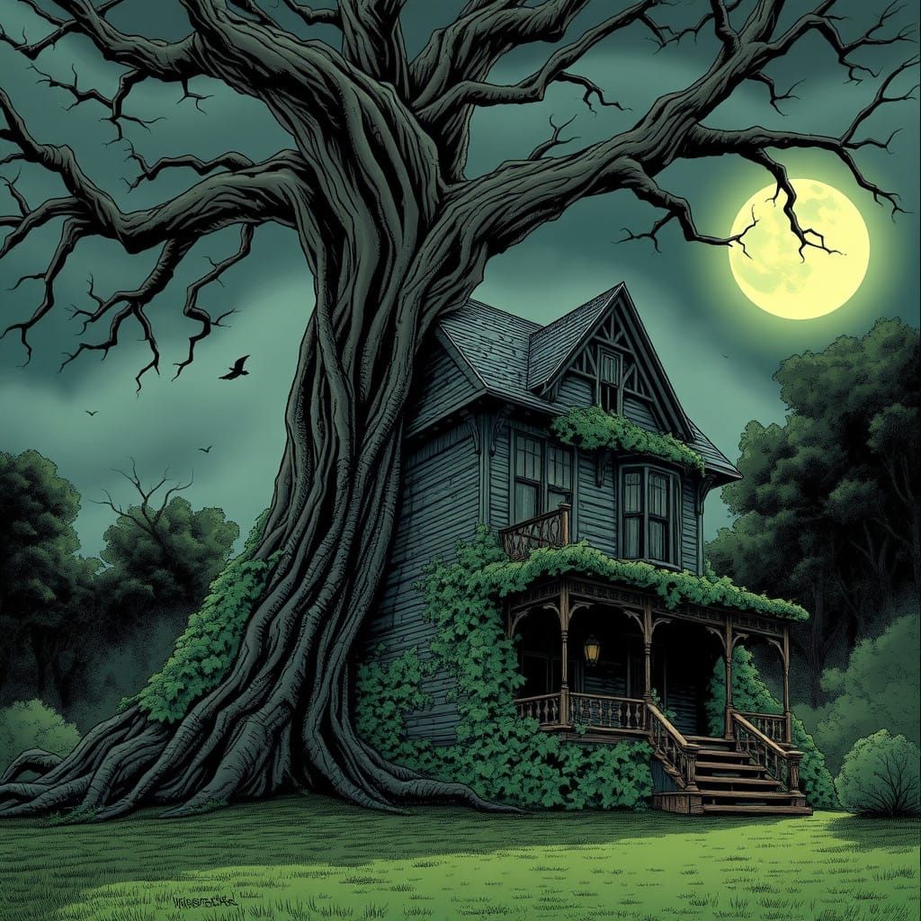 Ethereal Gothic Mansion Leans Against Ancient Tree